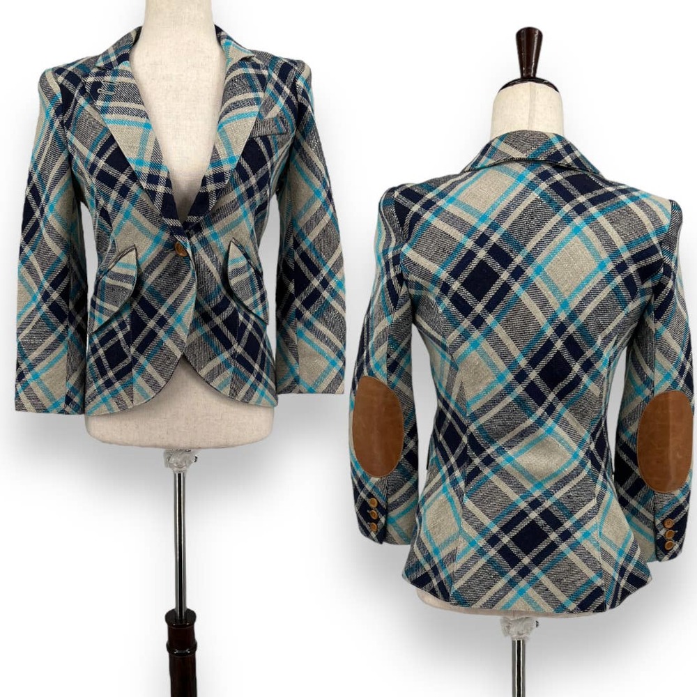 Smythe Plaid Blazer in Navy, Teal & Cream with Leather Elbow Patches
